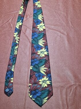 MCM Floral Silk Tie - Yellow, Blue & Green on Burgundy